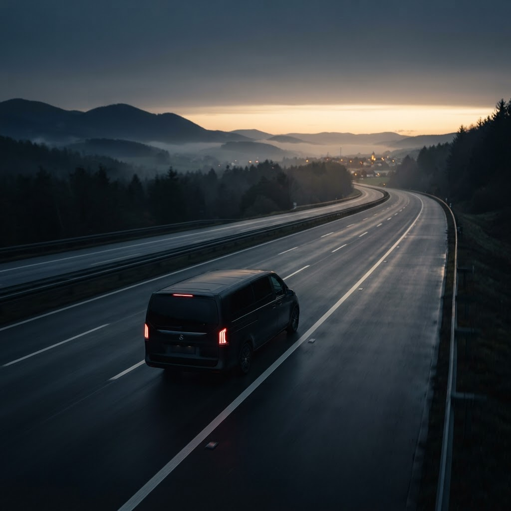 Diskretes schwarzes Überführungsfahrzeug auf einer europäischen Autobahn in der Dämmerung
